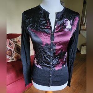 Elie Tahari Black and Purple Floral Cardigan